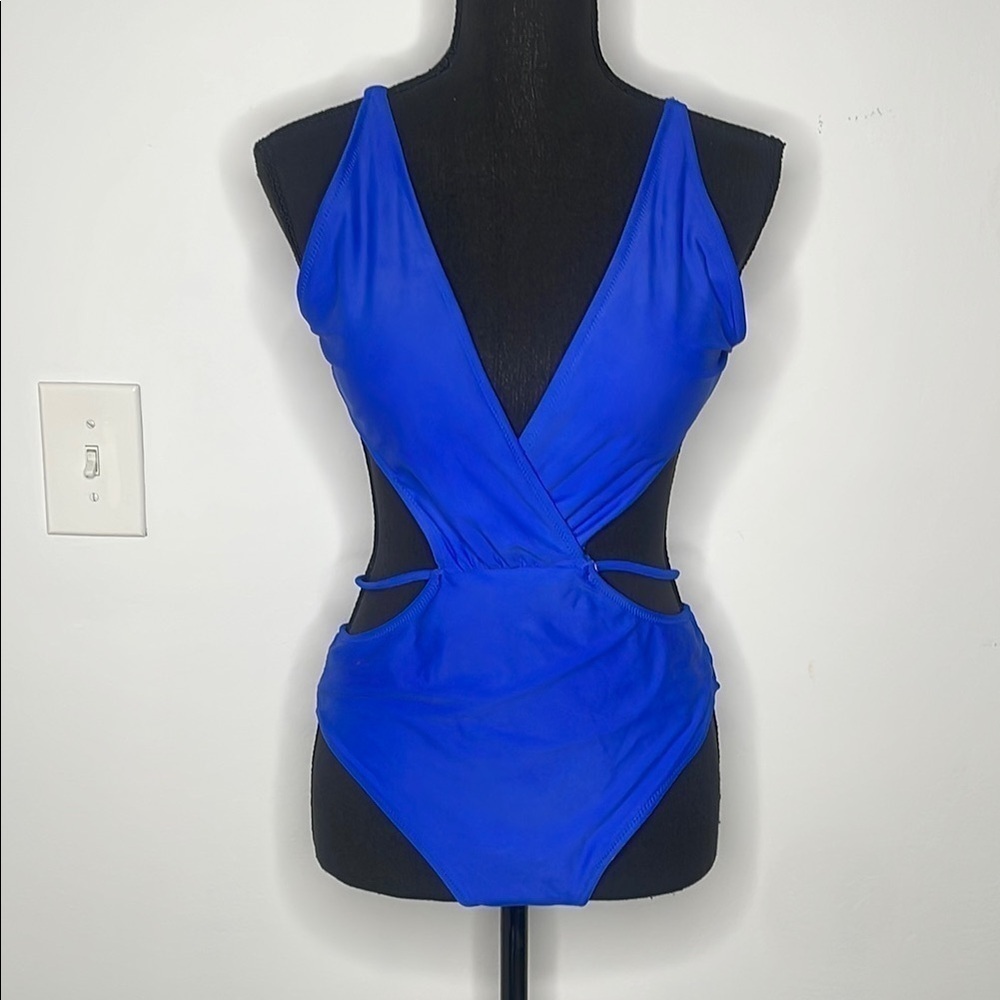 Vibrant Blue Deep V-neck One-Piece Swimsuit